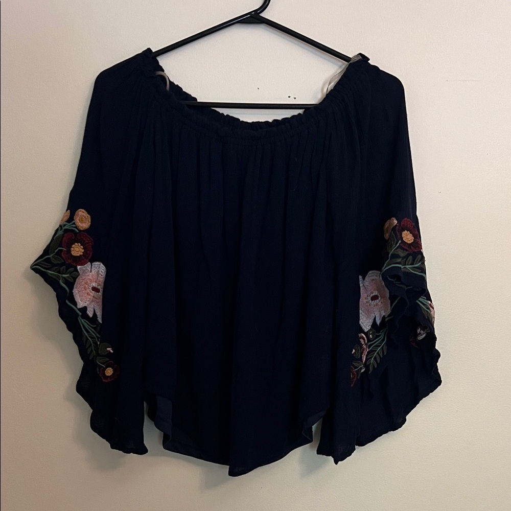 Women’s Floral Embroidered Navy Blue Bell Sleeve Blouse